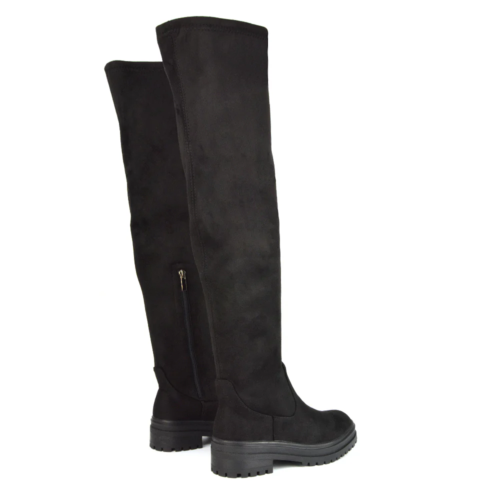 Rosalia Flat Chunky Sole Over the Knee Thigh High Long Boots in Nude Faux Suede - Image 98