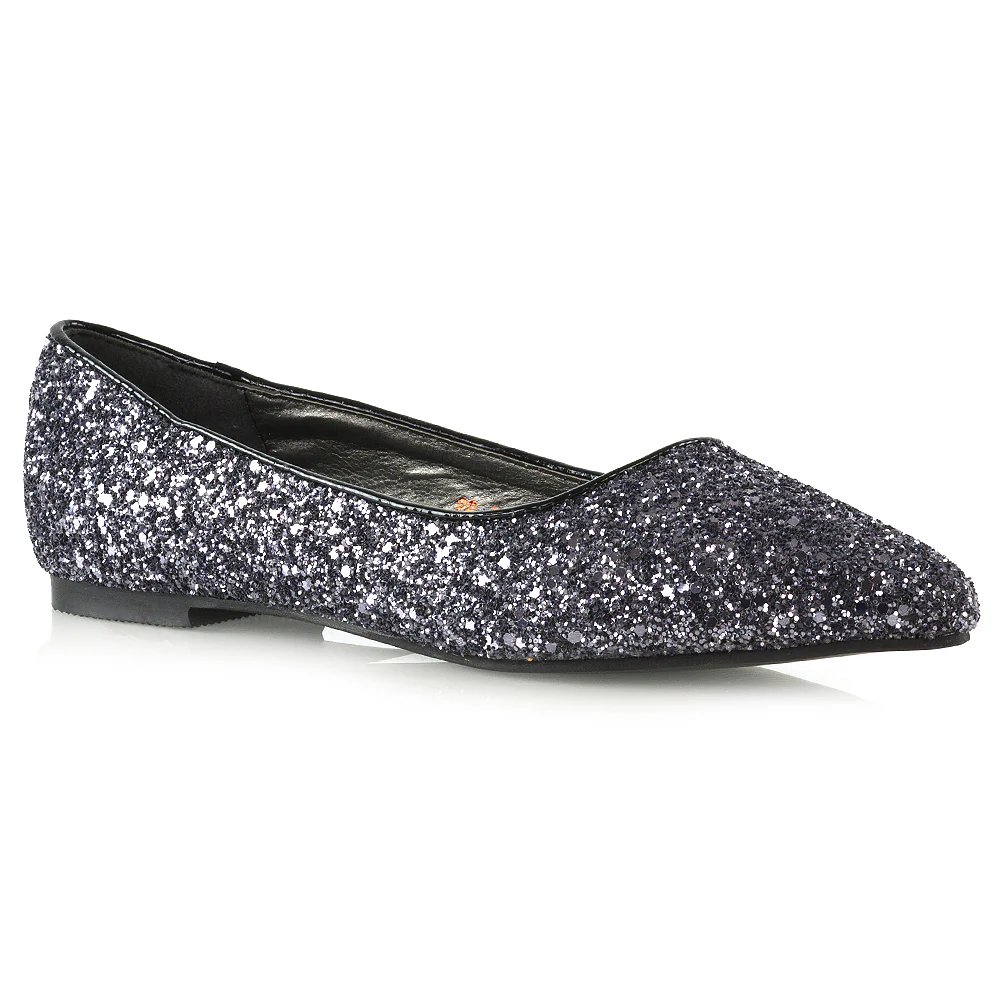 Rosalie Statement Pointed Toe Flat Bridal Ballerina Pump Shoes in Black Glitter - Image 18