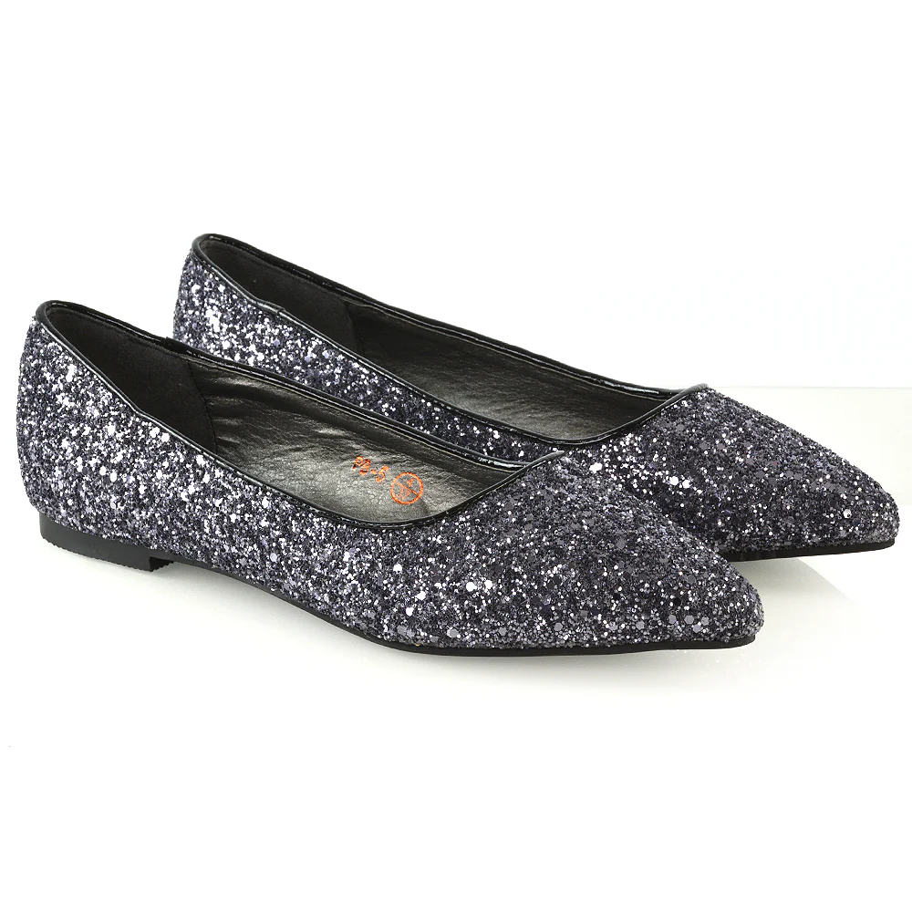Rosalie Statement Pointed Toe Flat Bridal Ballerina Pump Shoes in Black Glitter - Image 23