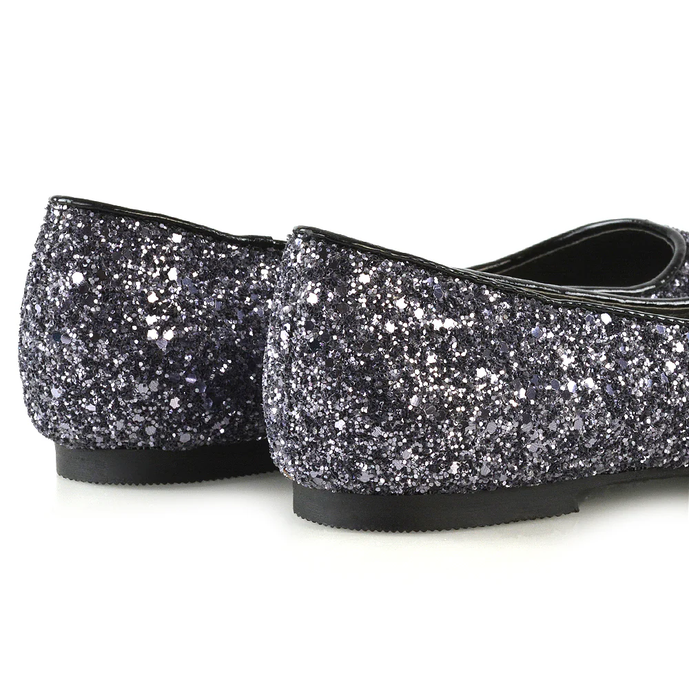 Rosalie Statement Pointed Toe Flat Bridal Ballerina Pump Shoes in Black Glitter - Image 5