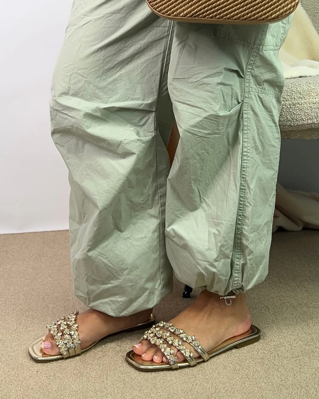 Roslyn Square Toe Slides Strappy Diamante Sparkly Flat Sandals in Gold Metallic - Image 2