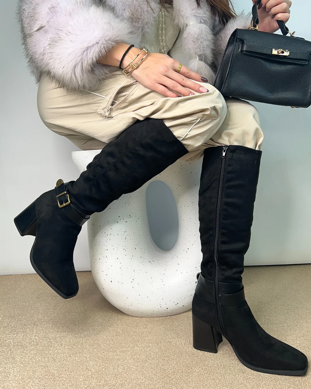 Roxi Square Toe Block High Heel Faux Suede Western Knee High Boots in Black Microfibre - Image 2