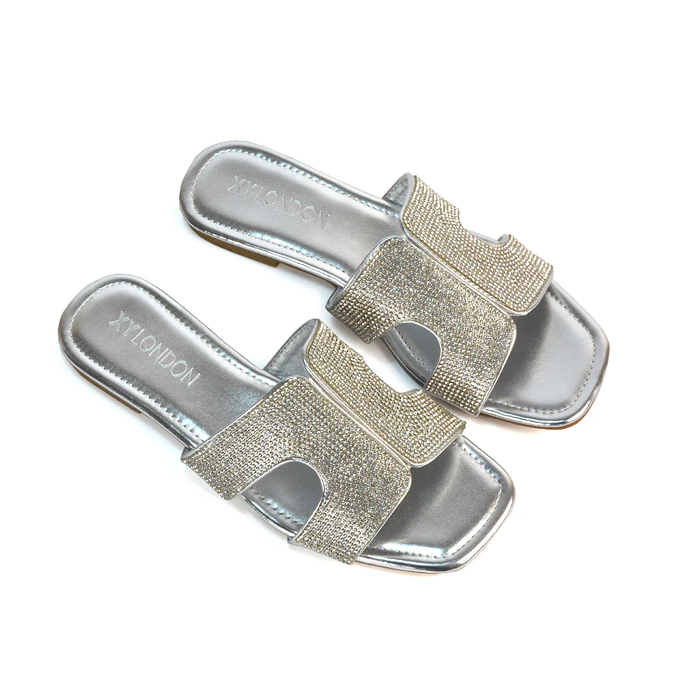 Ruby Square Toe Flat Sandals Cut Out Diamante Summer Slides in Black Patent - Image 8