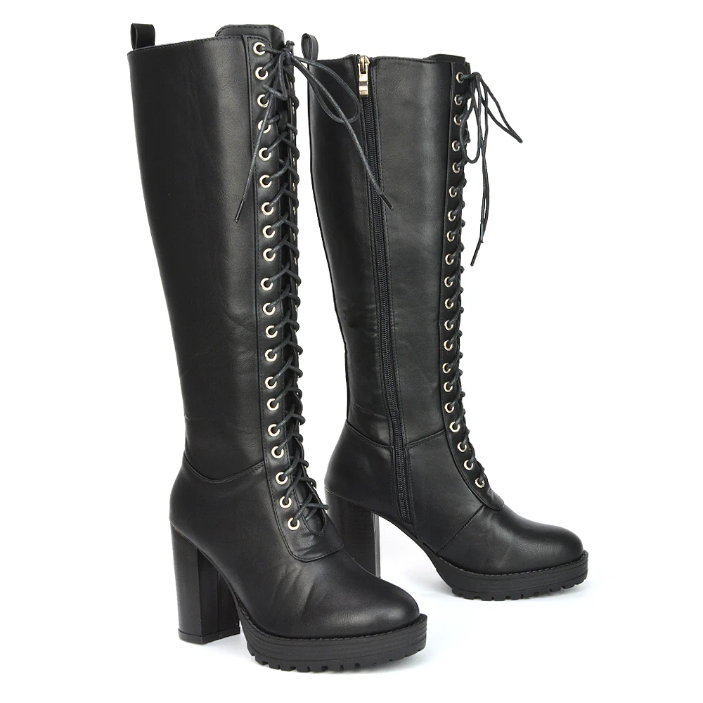 Ruthie Knee High Block Heel Lace Up Platform Boots in Black Faux Suede - Image 10