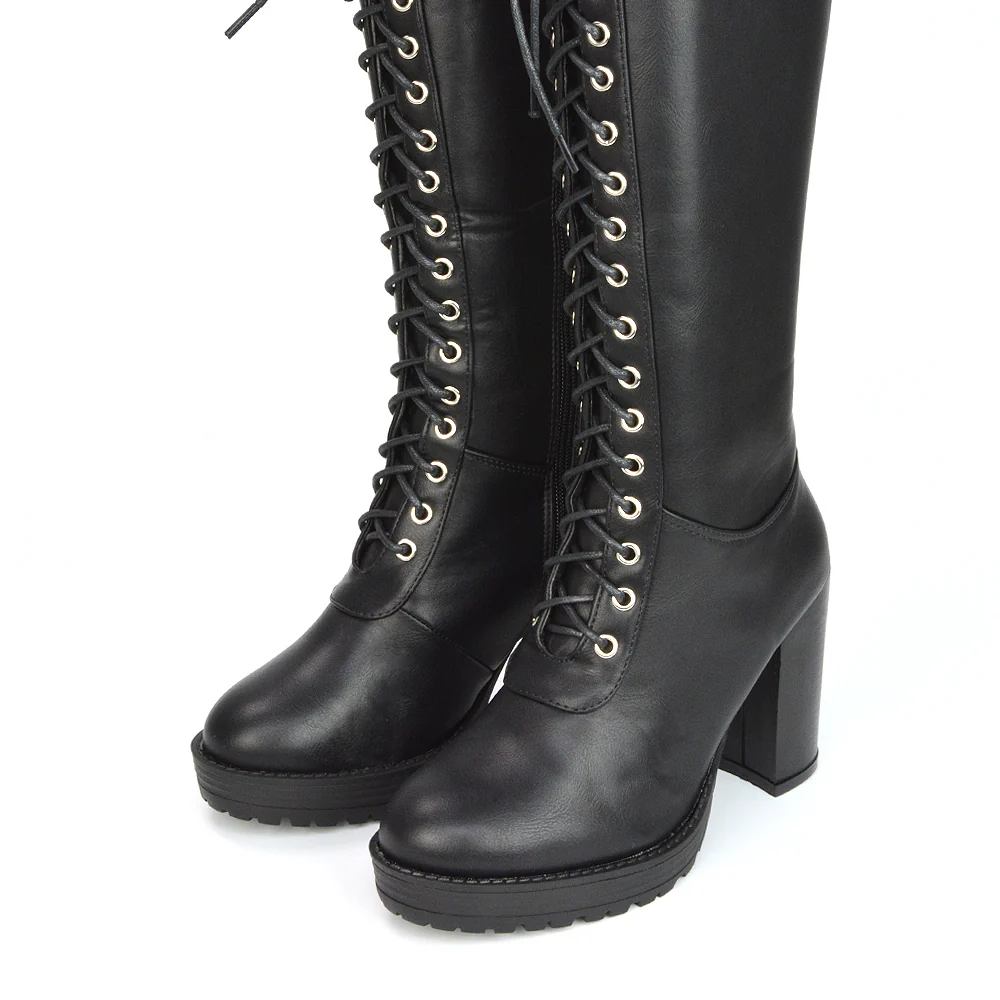 Ruthie Knee High Block Heel Lace Up Platform Boots in Black Faux Suede - Image 11