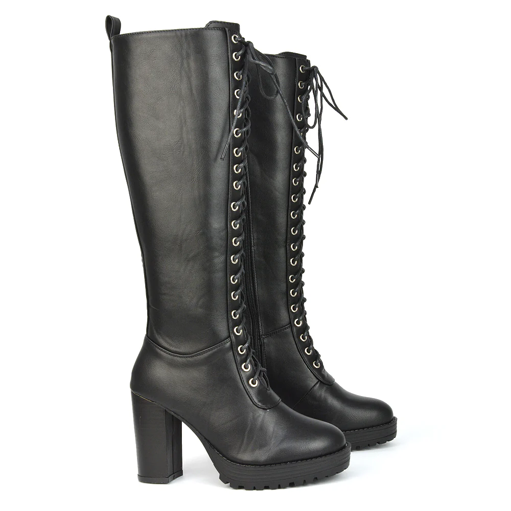 Ruthie Knee High Block Heel Lace Up Platform Boots in Black Faux Suede - Image 12