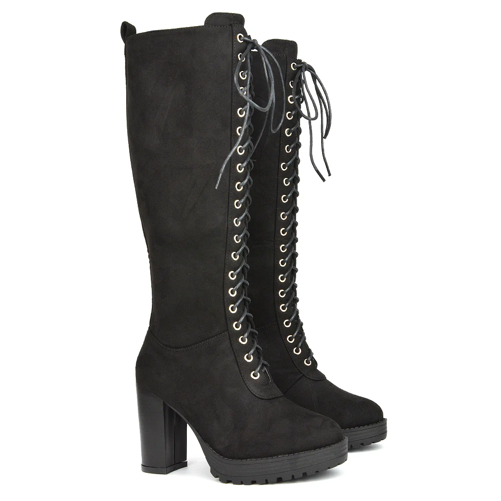 Ruthie Knee High Block Heel Lace Up Platform Boots in Black Synthetic Leather - Image 11