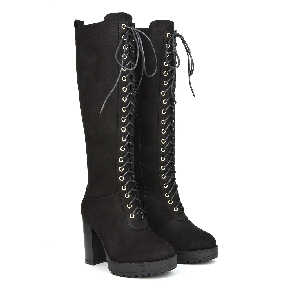 Ruthie Knee High Block Heel Lace Up Platform Boots in Black Synthetic Leather - Image 14