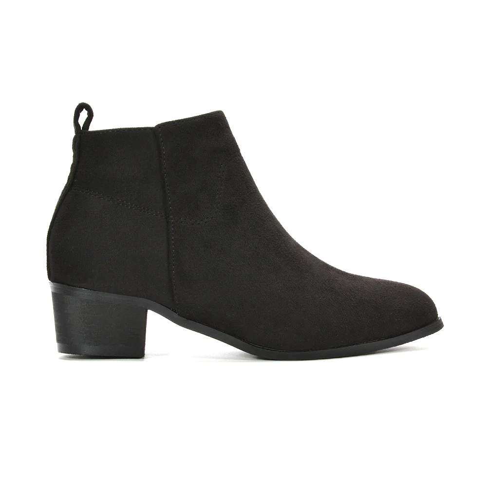 Rylie Women’s Western Cowboy Ankle Boots With Low Block Heel in Black Faux Suede