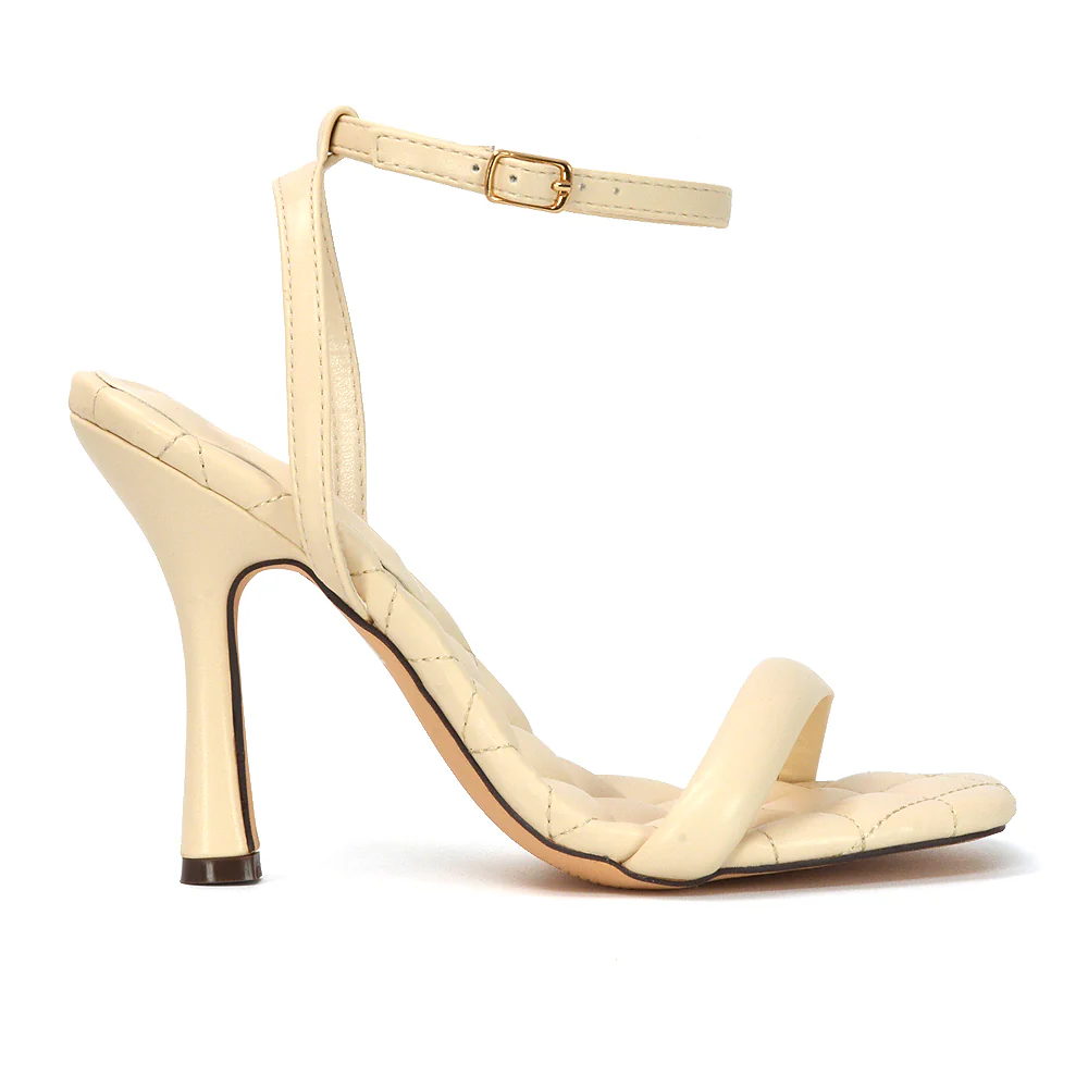 Ryna Quilted Insole Barely There Strappy Stiletto Square Toe High Heels in White - Image 40