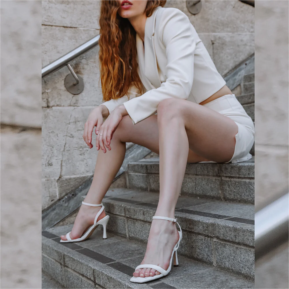 Ryna Quilted Insole Barely There Strappy Stiletto Square Toe High Heels in White - Image 6