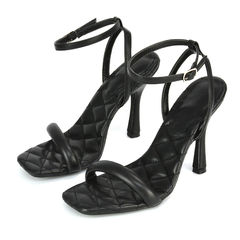 Ryna Quilted Insole Barely There Strappy Stiletto Square Toe High Heels in White - Image 77