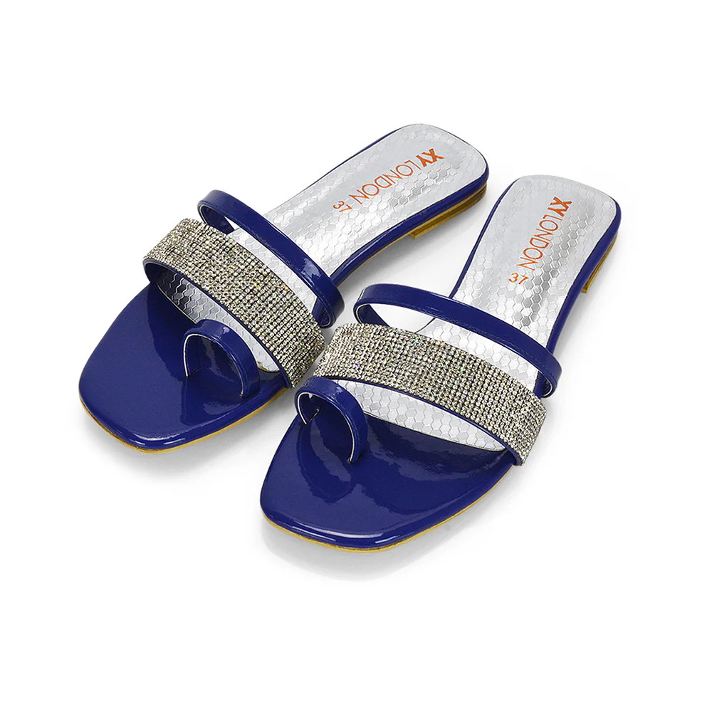 Sabrina Diamante Double Strap Slip on Flat Toe Post Sandals In Navy Patent - Image 16