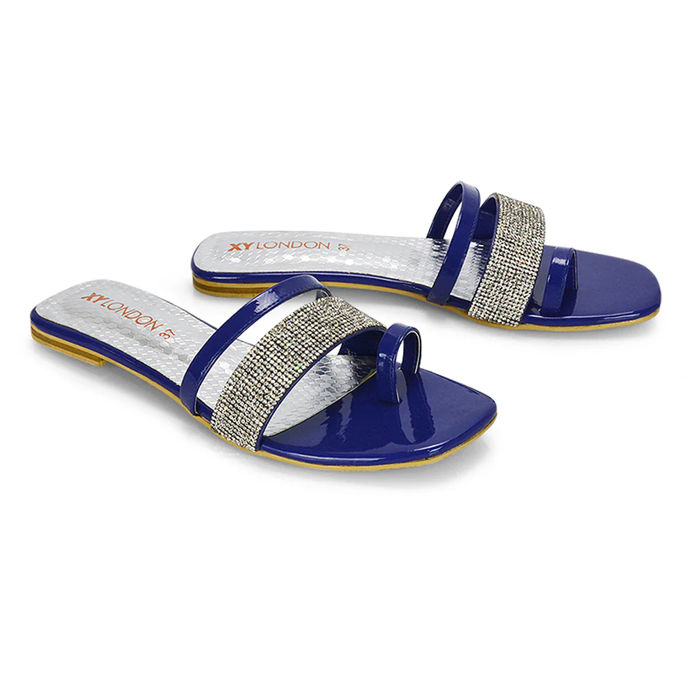 Sabrina Diamante Double Strap Slip on Flat Toe Post Sandals In Navy Patent - Image 23