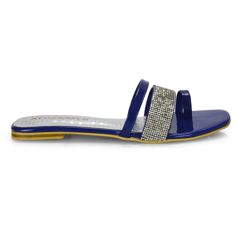 Sabrina Diamante Double Strap Slip on Flat Toe Post Sandals In Navy Patent - Image 25