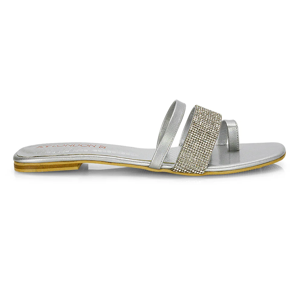 Sabrina Diamante Double Strap Slip on Flat Toe Post Sandals In Navy Patent - Image 69