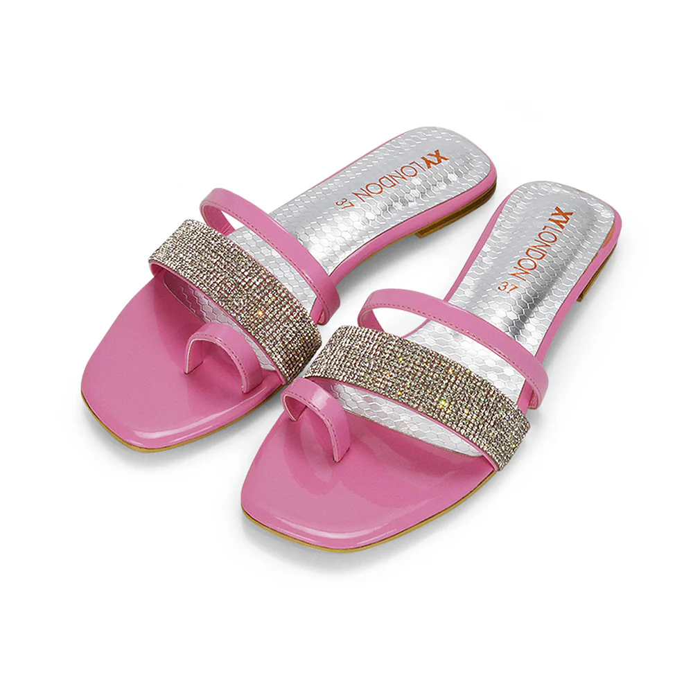 Sabrina Diamante Double Strap Slip on Flat Toe Post Sandals In Silver - Image 40