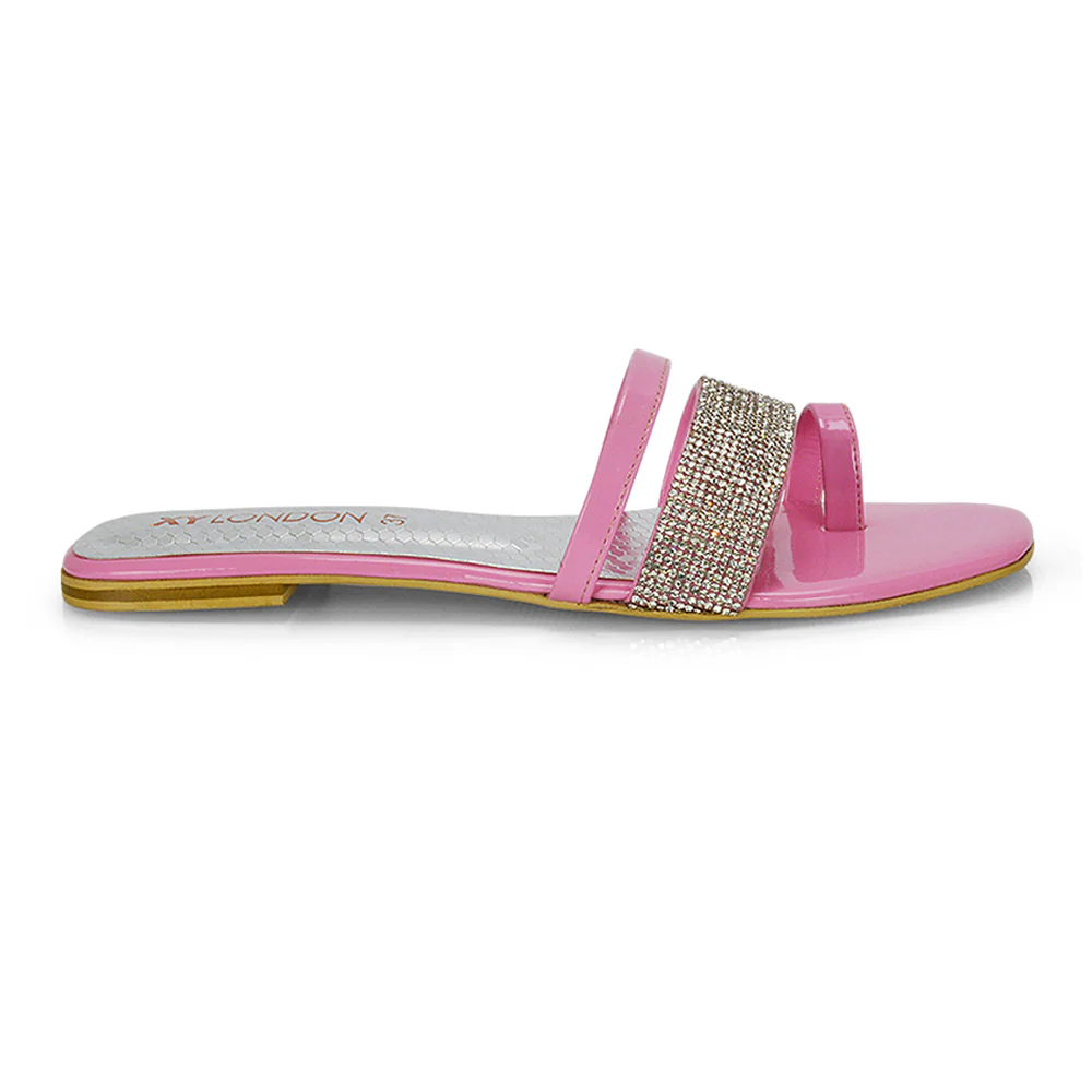 Sabrina Diamante Double Strap Slip on Flat Toe Post Sandals In Silver - Image 49