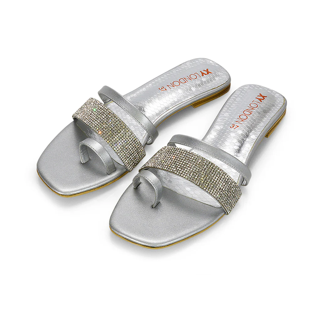 Sabrina Diamante Double Strap Slip on Flat Toe Post Sandals In Silver - Image 60