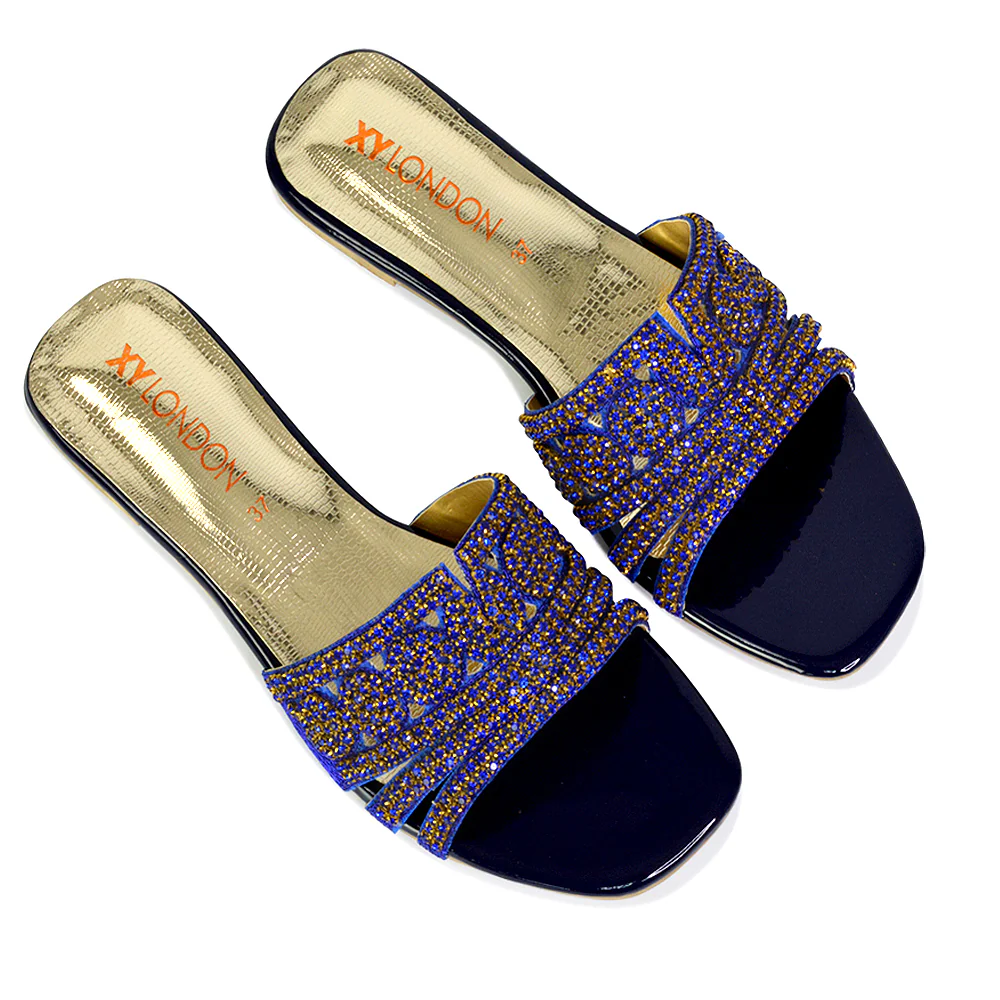 Sam Cut Out Square Toe Sparkly Front Strap Flat Diamante Sandals in Blue - Image 22