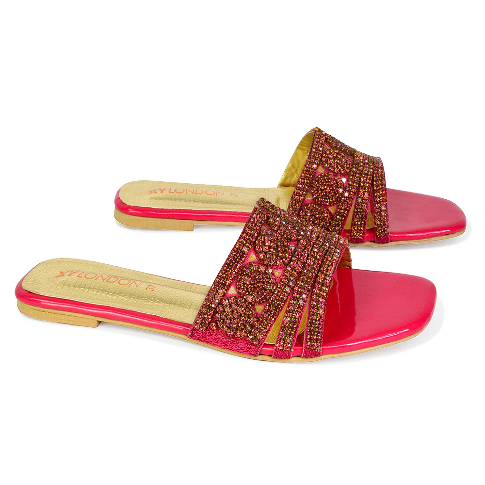 Sam Cut Out Square Toe Sparkly Front Strap Flat Diamante Sandals in Blue - Image 91