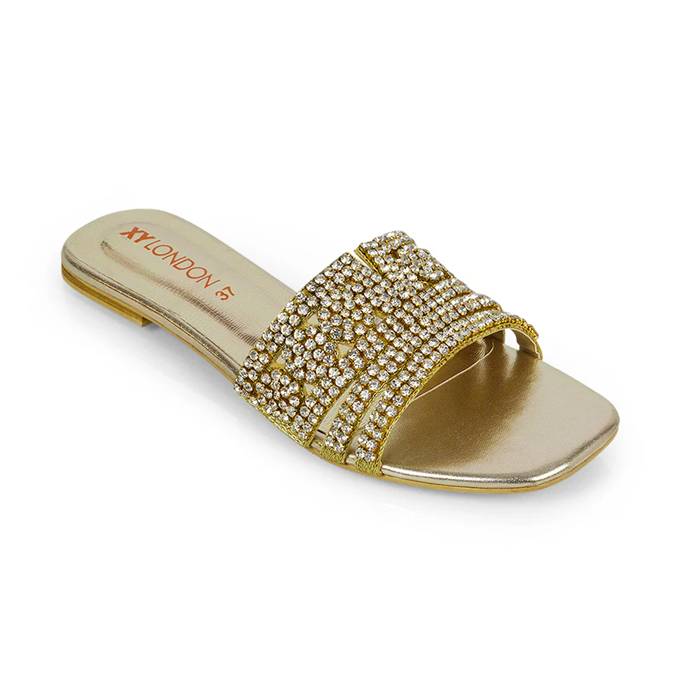 Sam Cut Out Square Toe Sparkly Front Strap Flat Diamante Sandals in Bronze - Image 163