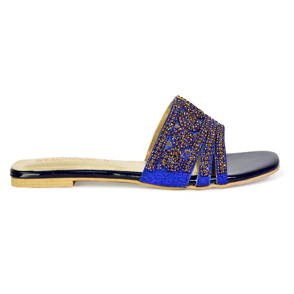 Sam Cut Out Square Toe Sparkly Front Strap Flat Diamante Sandals in Bronze - Image 26