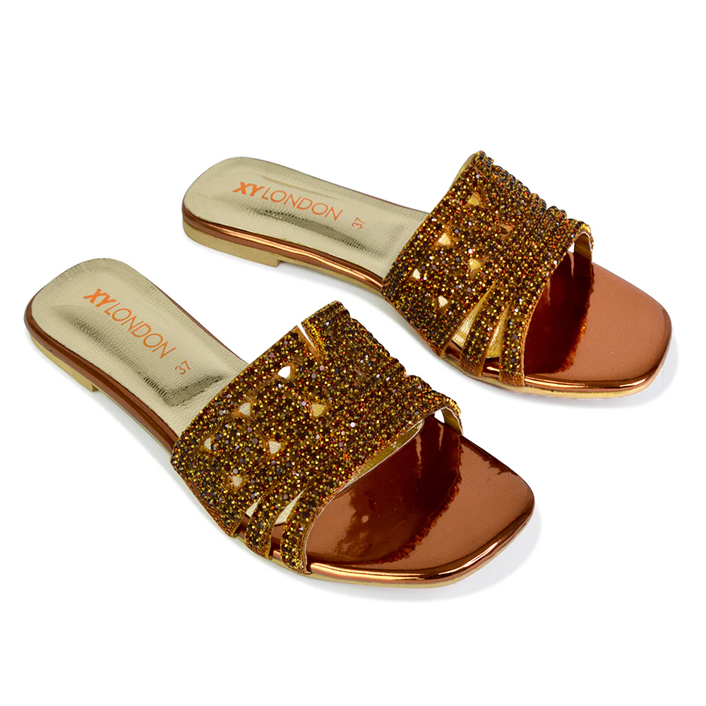 Sam Cut Out Square Toe Sparkly Front Strap Flat Diamante Sandals in Bronze - Image 3