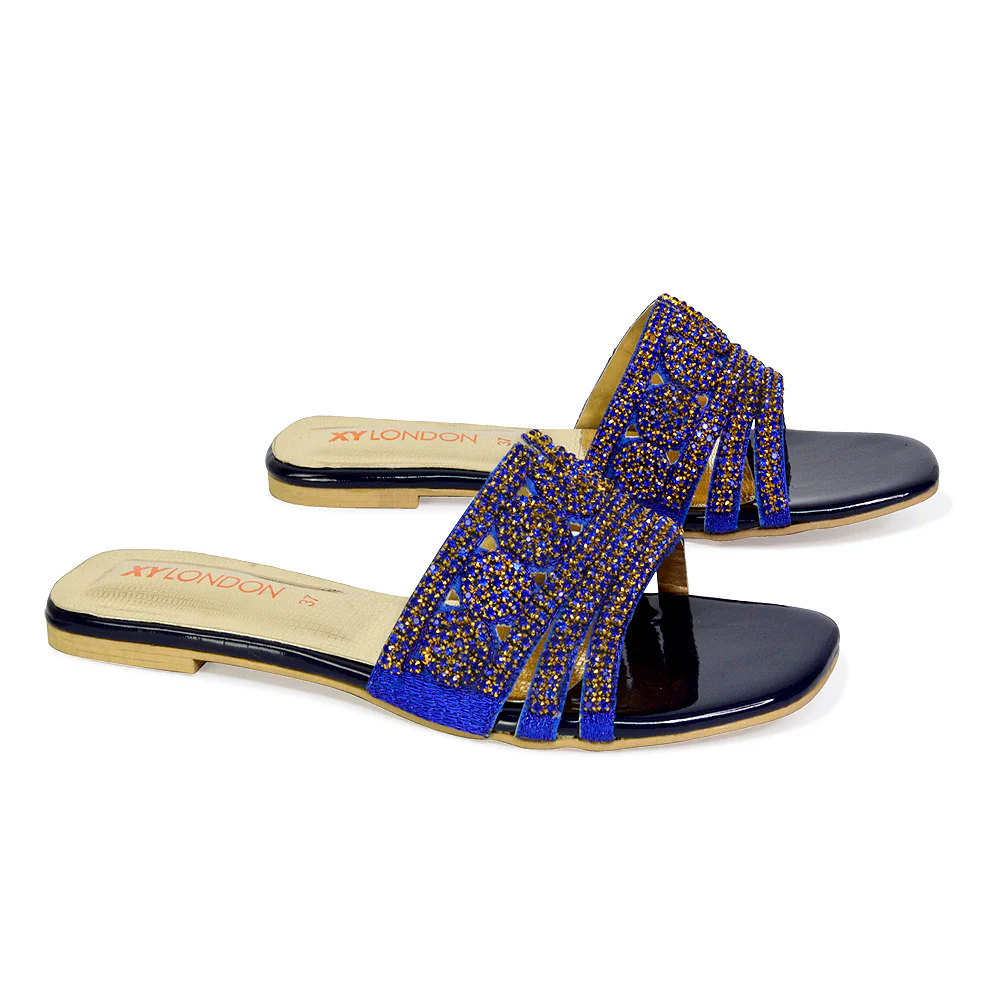 Sam Cut Out Square Toe Sparkly Front Strap Slip On Flat Diamante Sandals in Gold - Image 20