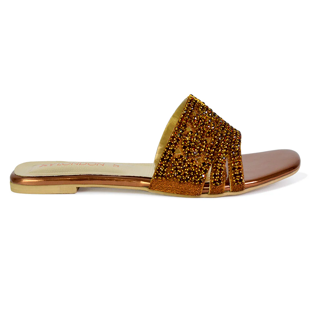Sam Cut Out Square Toe Sparkly Front Strap Slip On Flat Diamante Sandals in Gold - Image 45