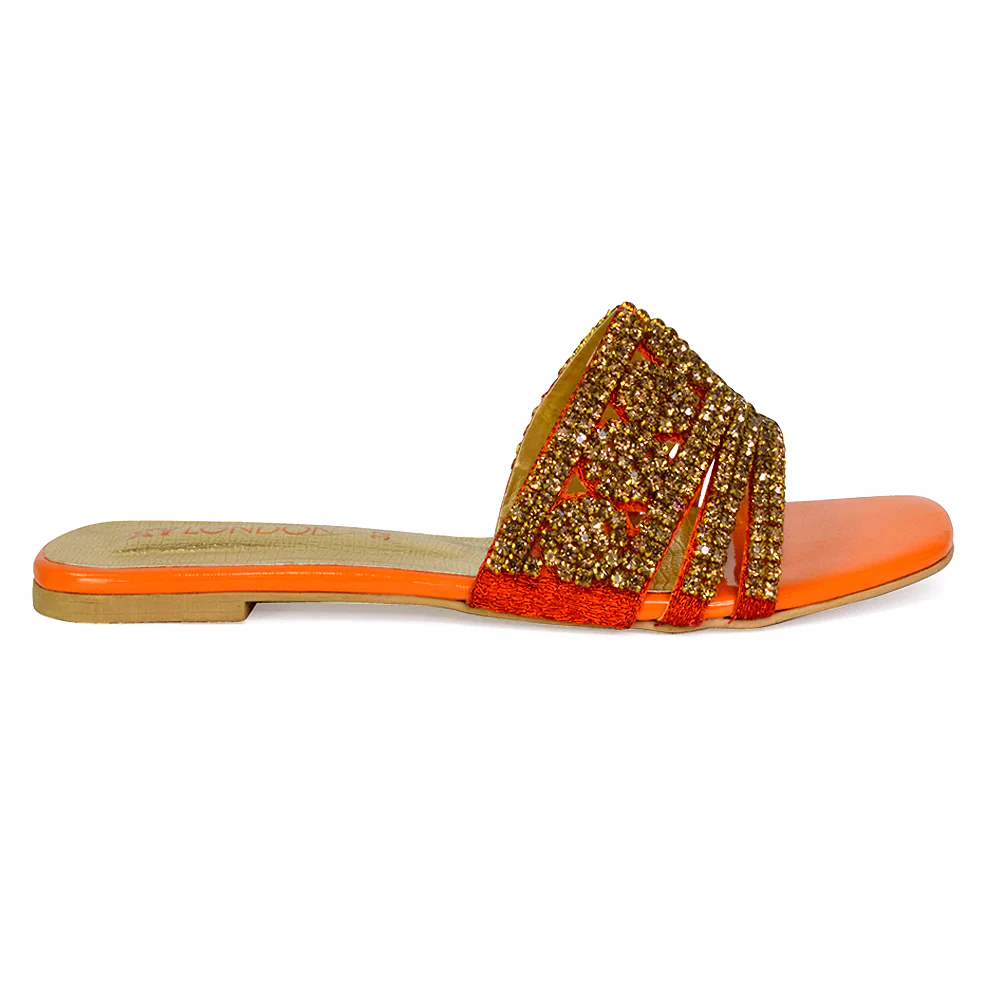 Sam Cut Out Square Toe Sparkly Front Strap Slip On Flat Diamante Sandals in Gold - Image 61