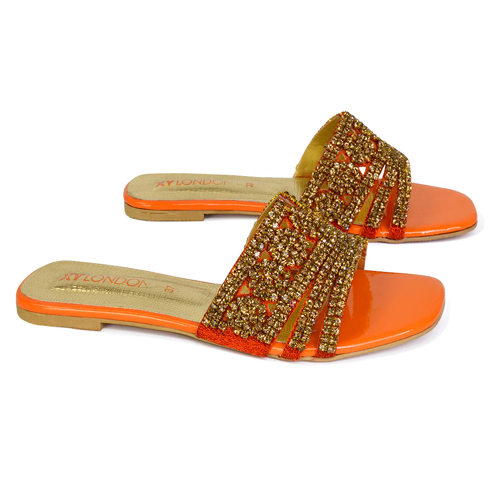 Sam Cut Out Square Toe Sparkly Front Strap Slip On Flat Diamante Sandals in Gold - Image 64