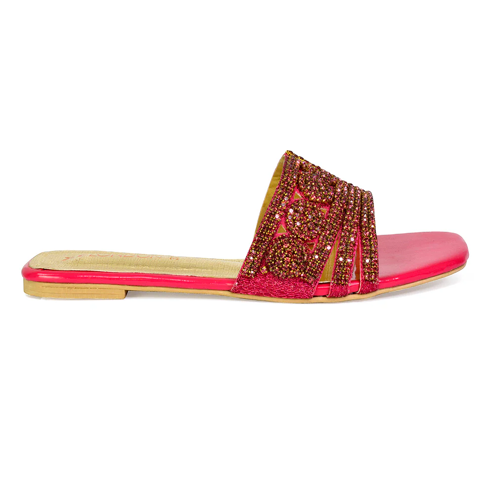 Sam Cut Out Square Toe Sparkly Front Strap Flat Diamante Sandals in Orange - Image 104