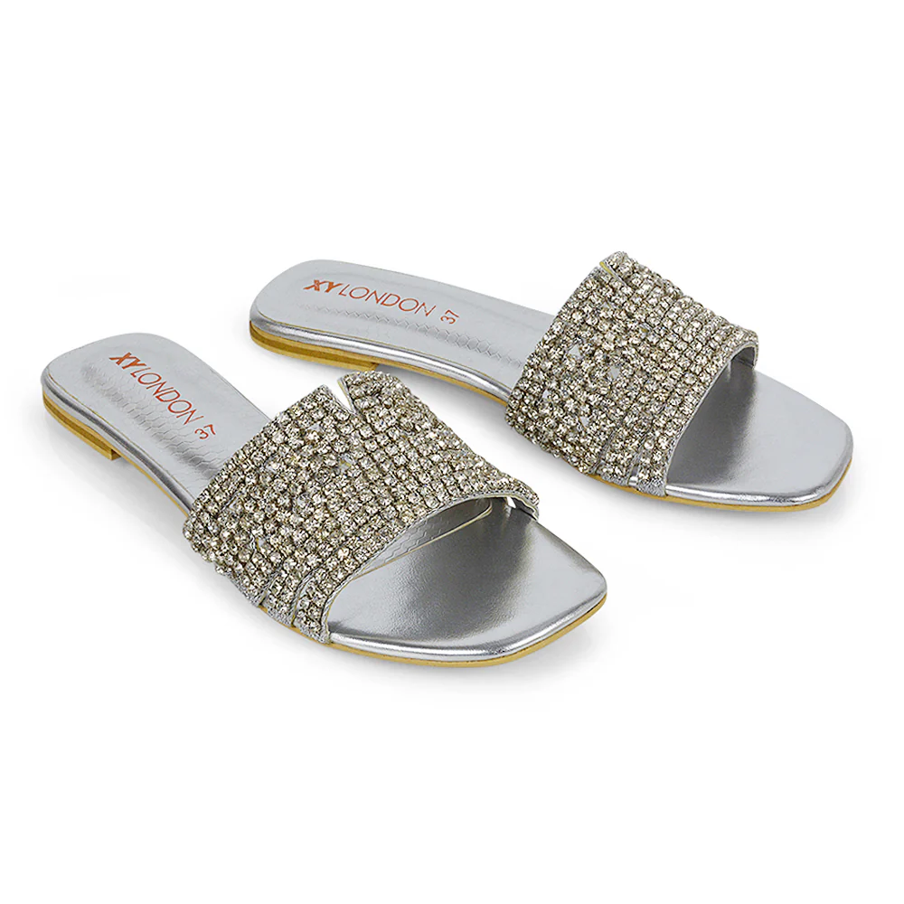 Sam Cut Out Square Toe Sparkly Front Strap Flat Diamante Sandals in Orange - Image 117