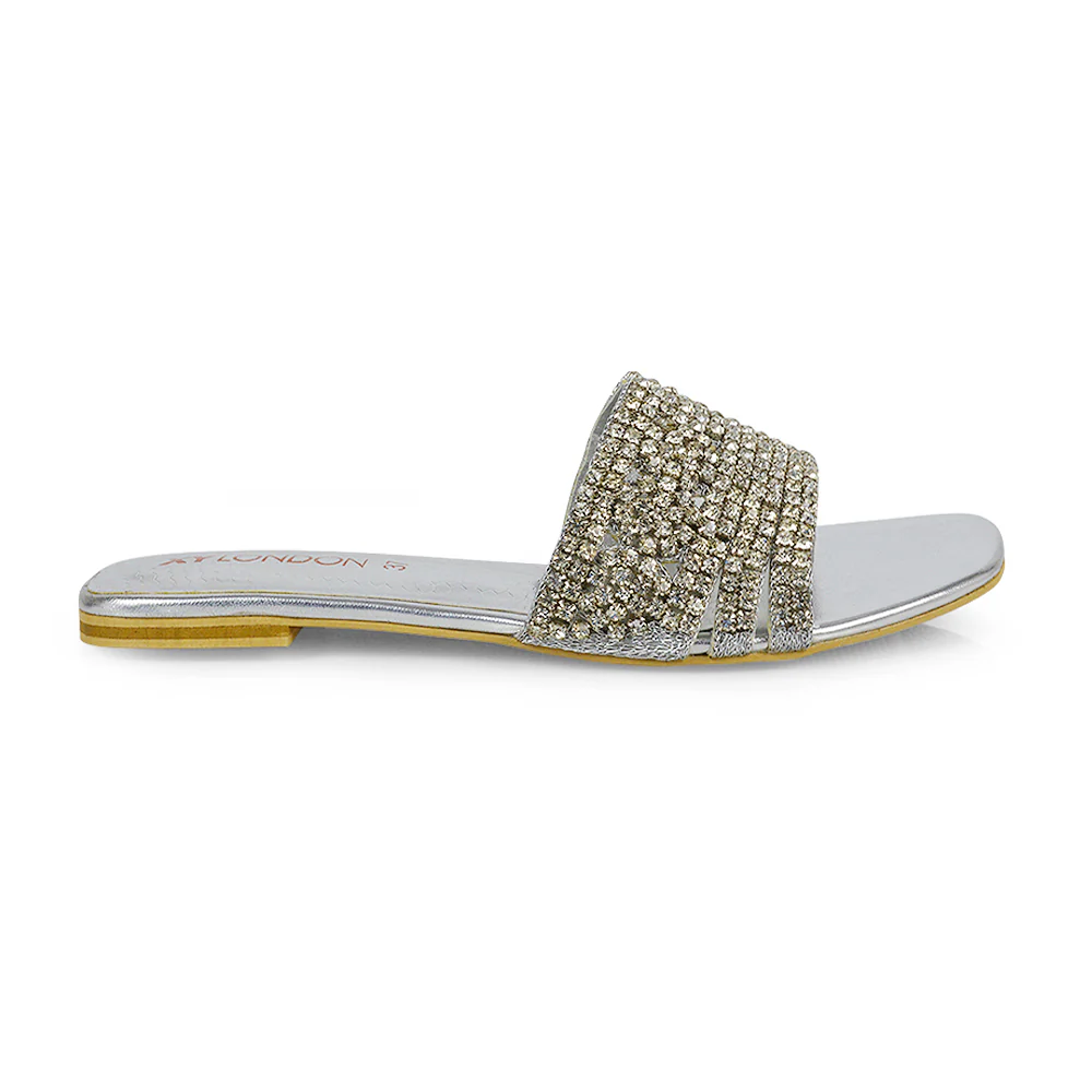 Sam Cut Out Square Toe Sparkly Front Strap Flat Diamante Sandals in Orange - Image 124