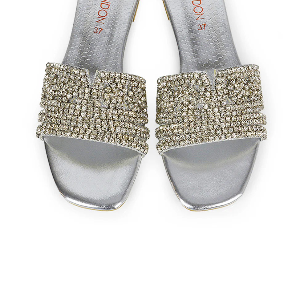 Sam Cut Out Square Toe Sparkly Front Strap Flat Diamante Sandals in Orange - Image 126