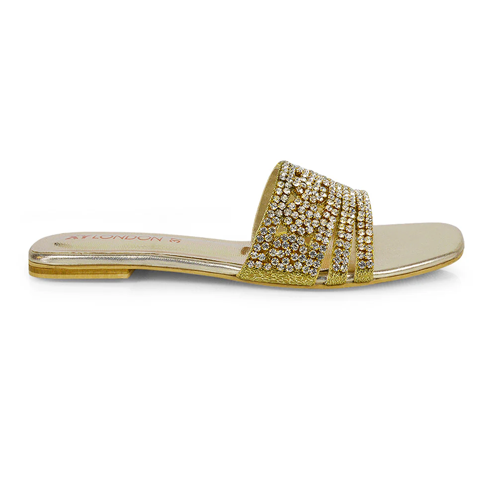 Sam Cut Out Square Toe Sparkly Front Strap Flat Diamante Sandals in Orange - Image 169