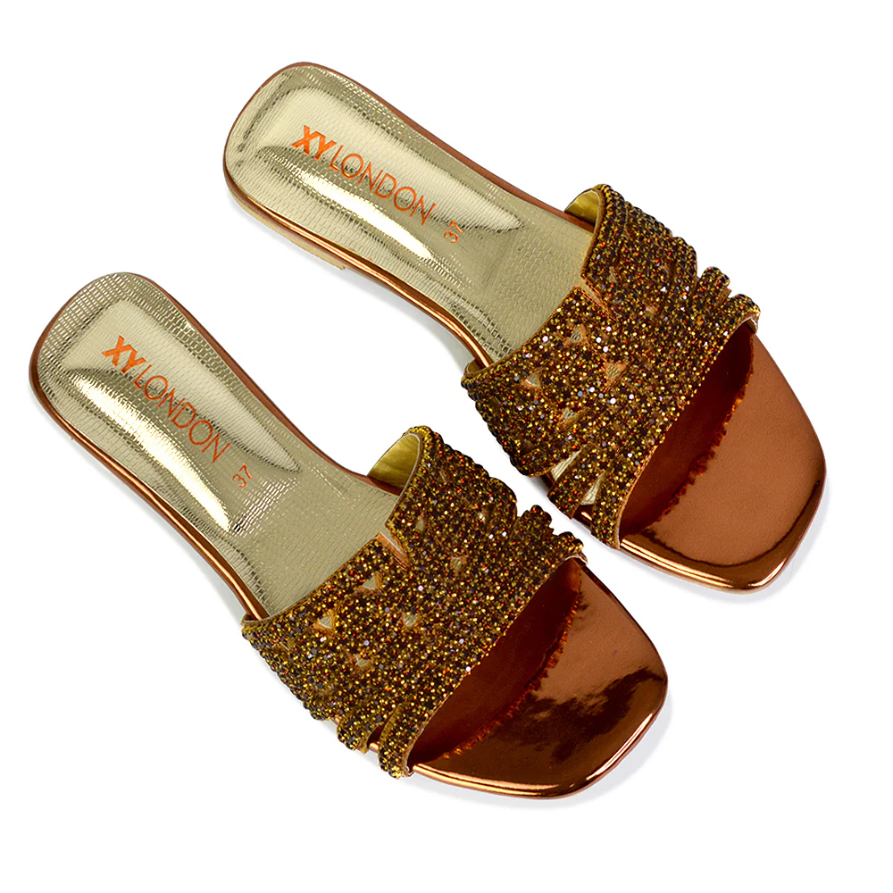 Sam Cut Out Square Toe Sparkly Front Strap Flat Diamante Sandals in Orange - Image 54