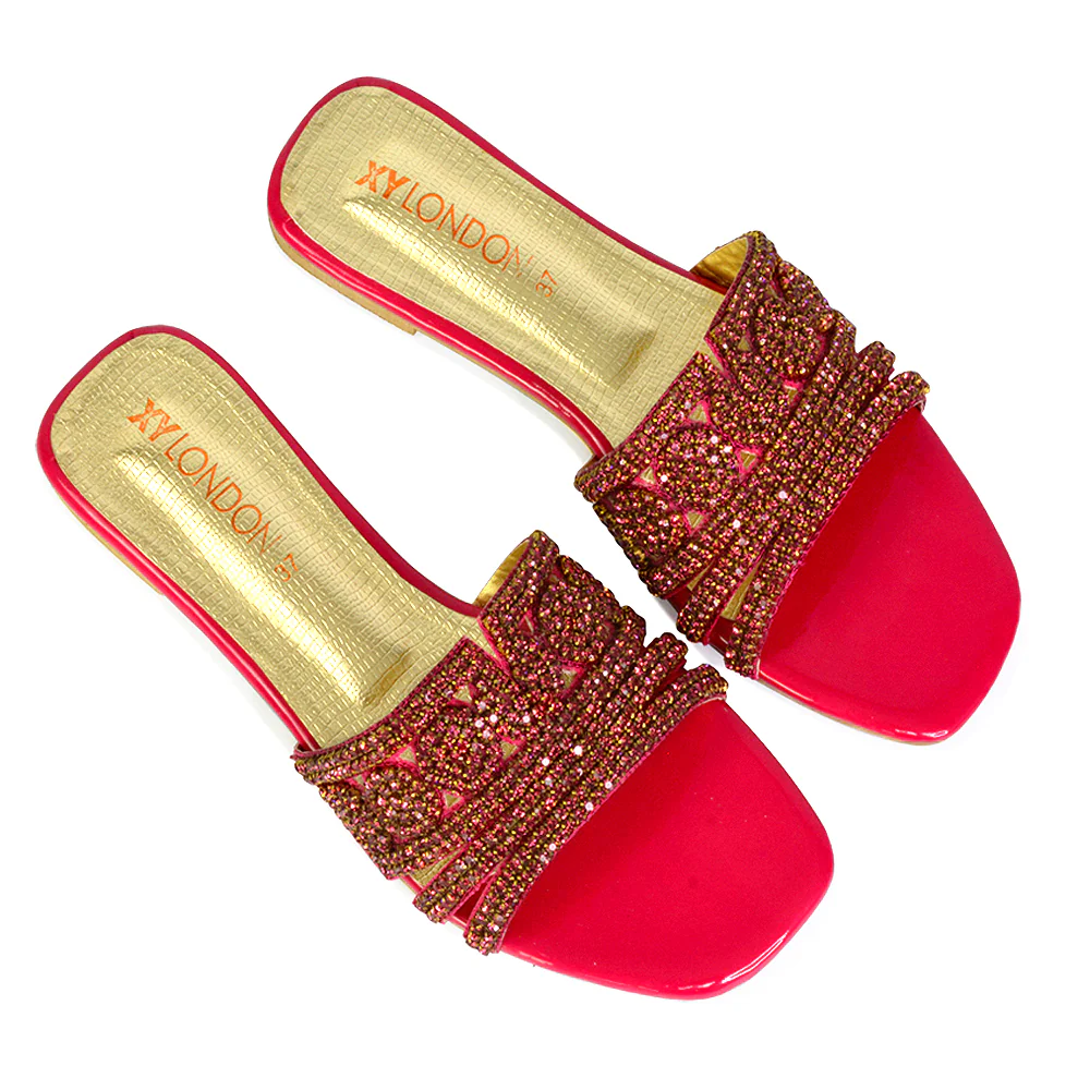 Sam Cut Out Square Toe Sparkly Front Strap Flat Diamante Sandals in Orange - Image 89