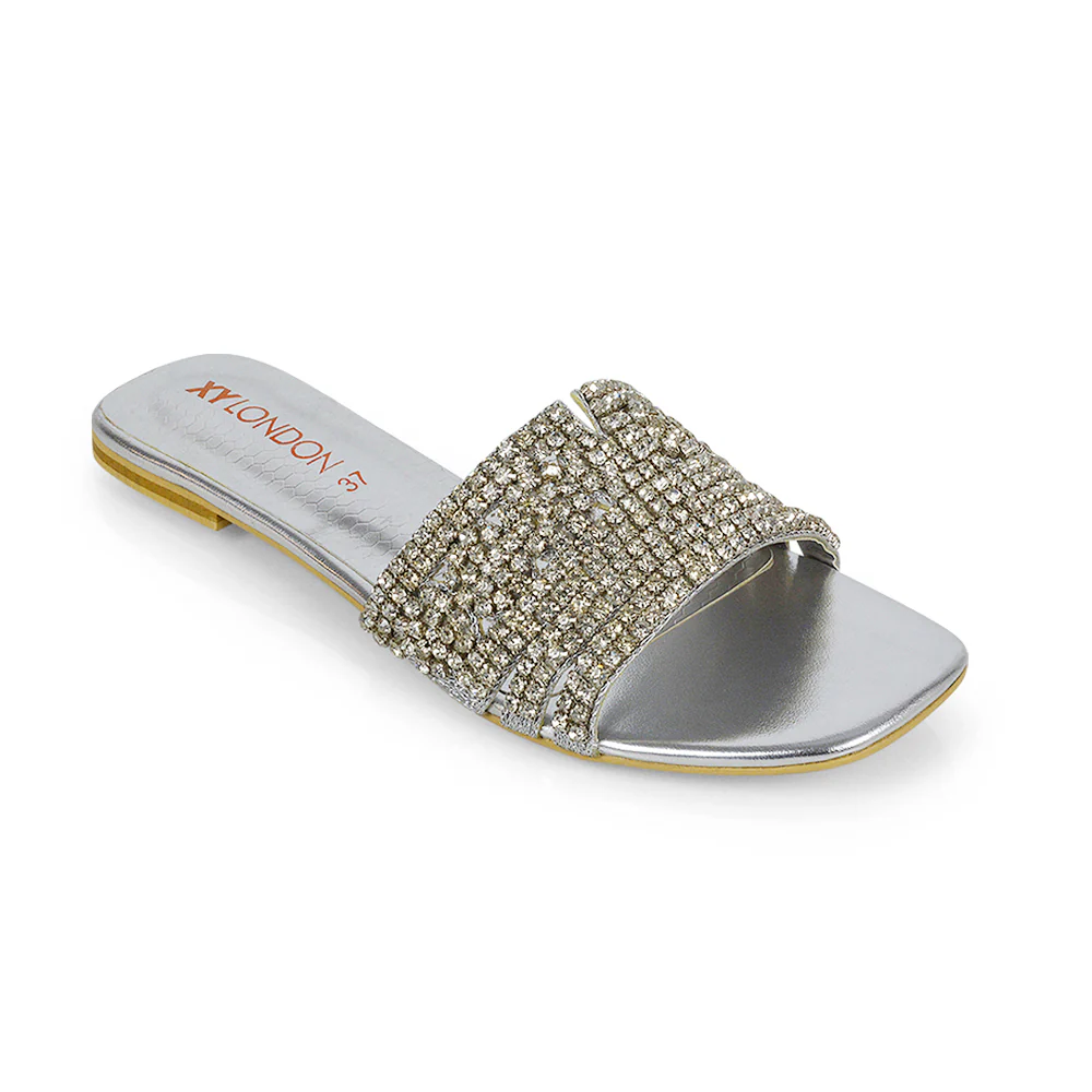 Sam Cut Out Square Toe Sparkly Front Strap Flat Diamante Sandals in Pink - Image 128