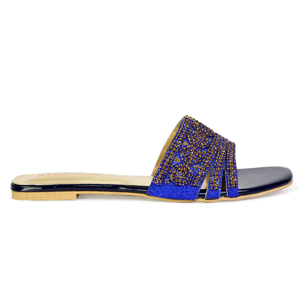 Sam Cut Out Square Toe Sparkly Front Strap Flat Diamante Sandals in Pink - Image 15