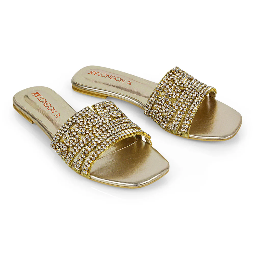 Sam Cut Out Square Toe Sparkly Front Strap Flat Diamante Sandals in Pink - Image 152