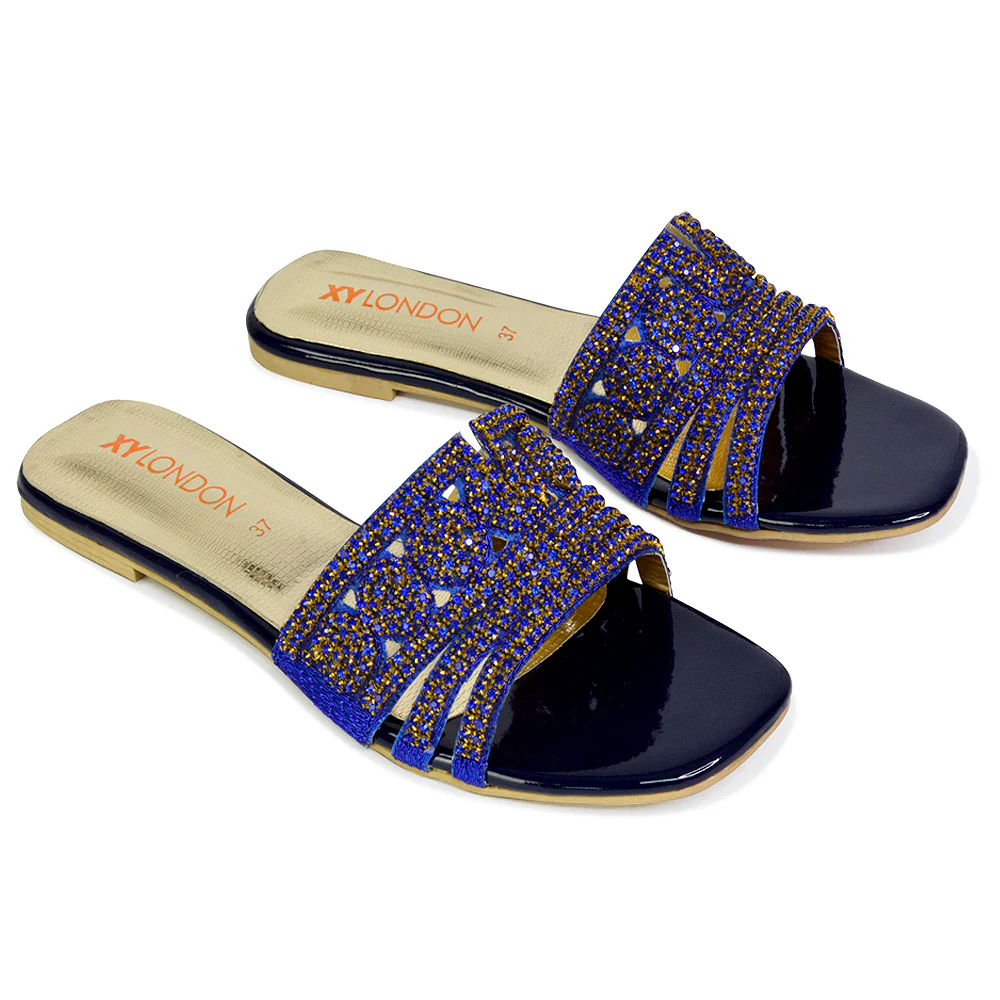 Sam Cut Out Square Toe Sparkly Front Strap Flat Diamante Sandals in Pink - Image 28