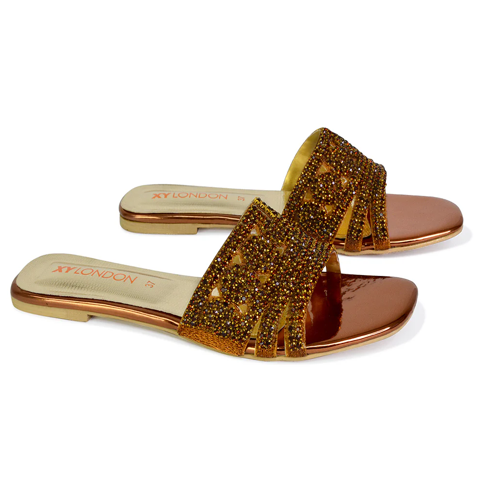 Sam Cut Out Square Toe Sparkly Front Strap Flat Diamante Sandals in Pink - Image 47