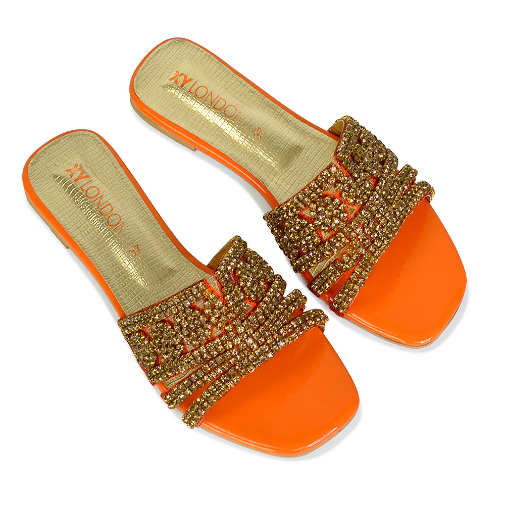 Sam Cut Out Square Toe Sparkly Front Strap Flat Diamante Sandals in Pink - Image 73