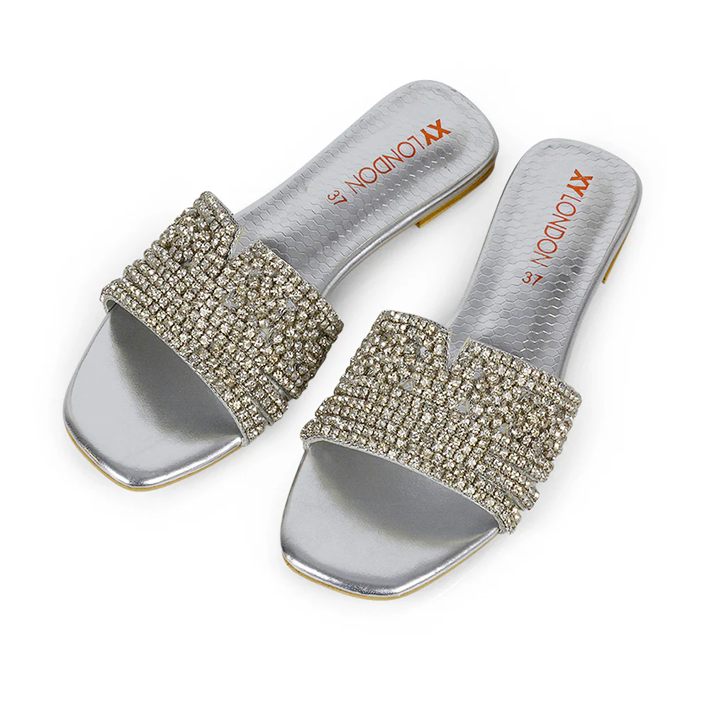 Sam Cut Out Square Toe Sparkly Front Strap Slip On Flat Diamante Sandals in Silver - Image 136