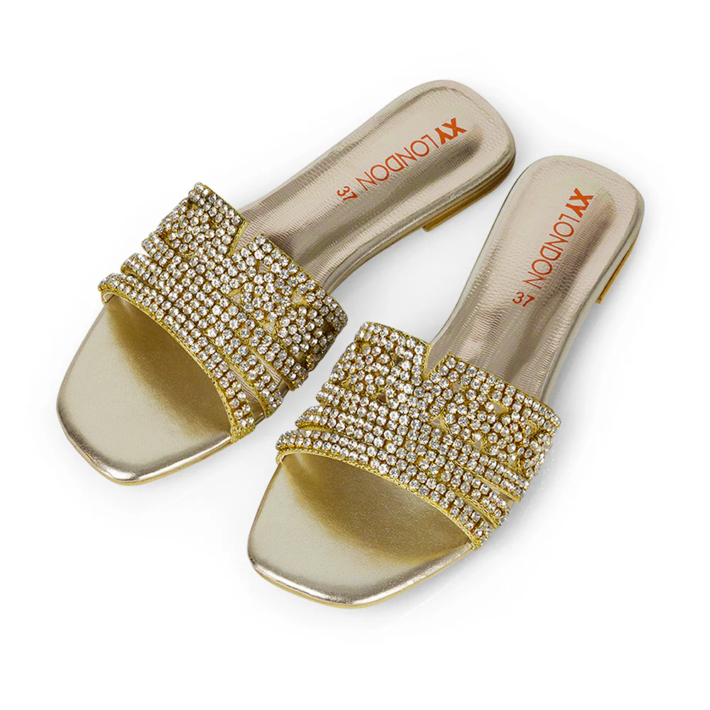 Sam Cut Out Square Toe Sparkly Front Strap Slip On Flat Diamante Sandals in Silver - Image 146