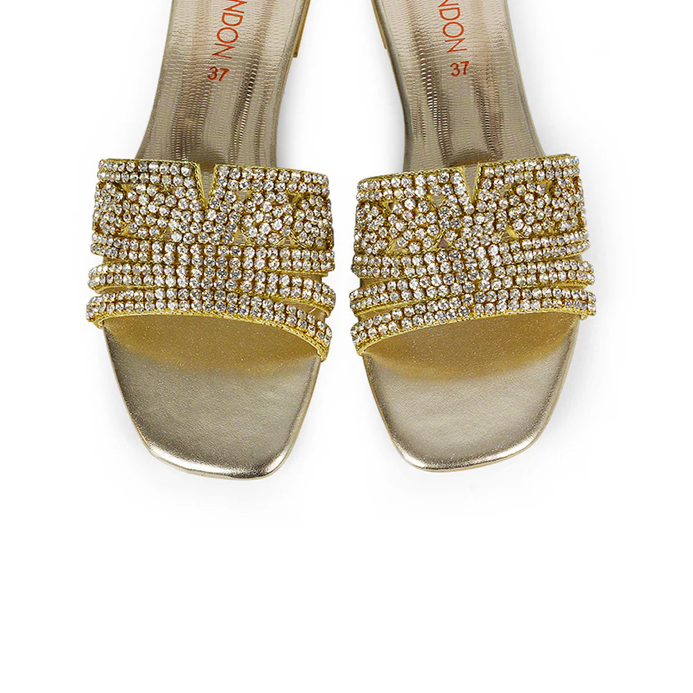 Sam Cut Out Square Toe Sparkly Front Strap Slip On Flat Diamante Sandals in Silver - Image 147