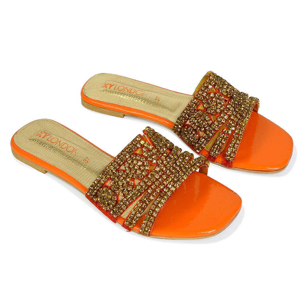 Sam Cut Out Square Toe Sparkly Front Strap Slip On Flat Diamante Sandals in Silver - Image 63