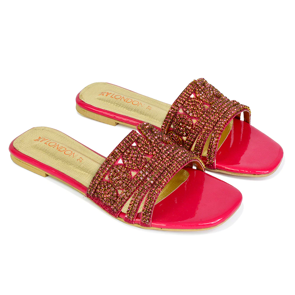 Sam Cut Out Square Toe Sparkly Front Strap Slip On Flat Diamante Sandals in Silver - Image 87
